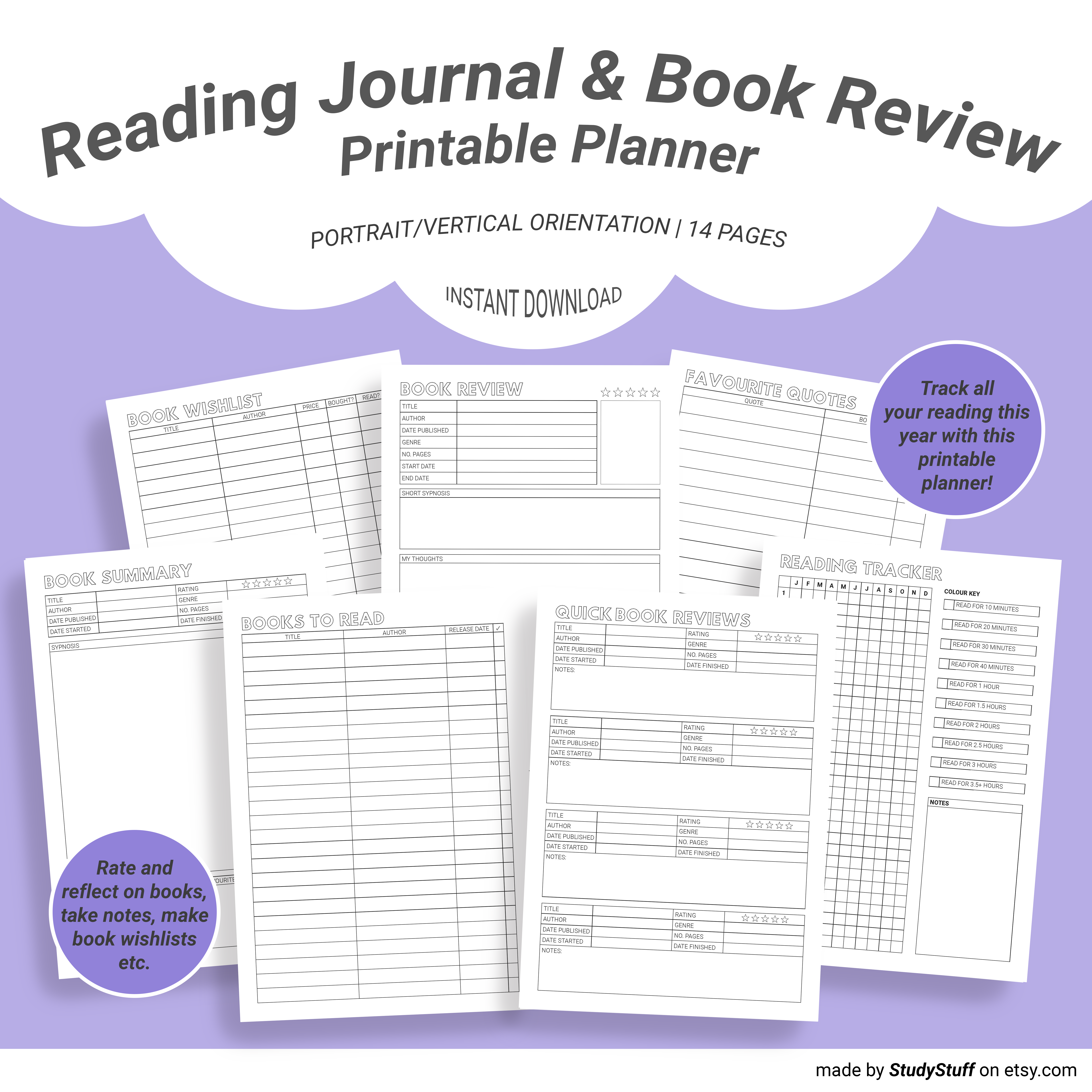 printable reading journal and book review planner