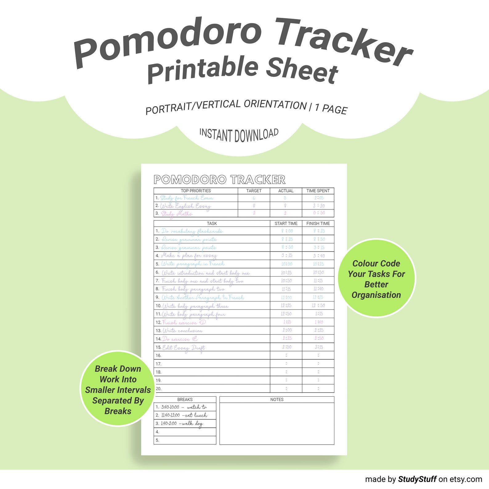 pomodoro study tracker printable template