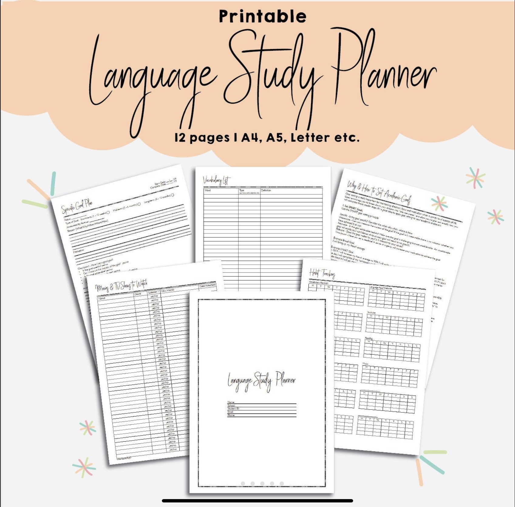 Printable language learning study planner 