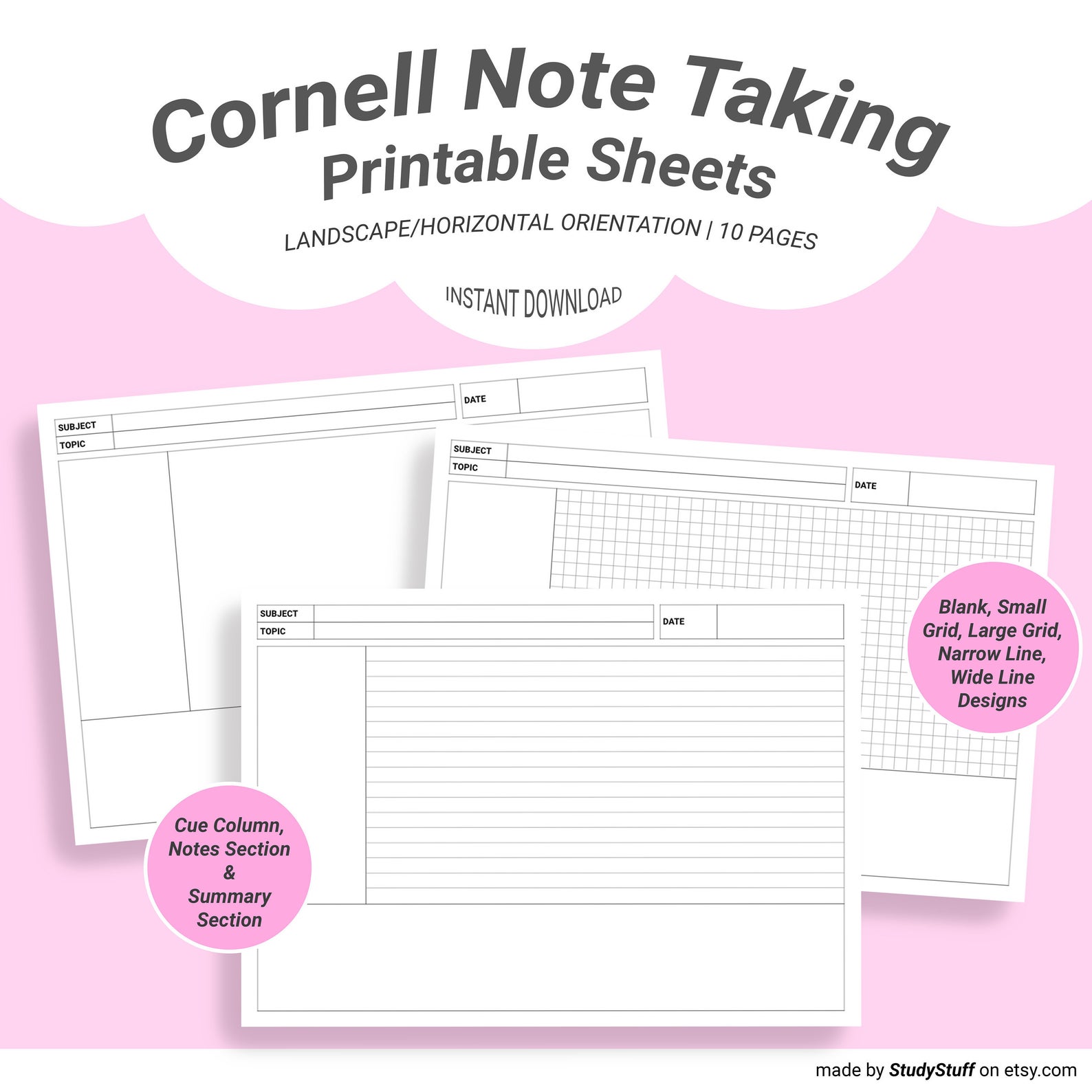 Landscape/horizontal Cornell note taking printable template