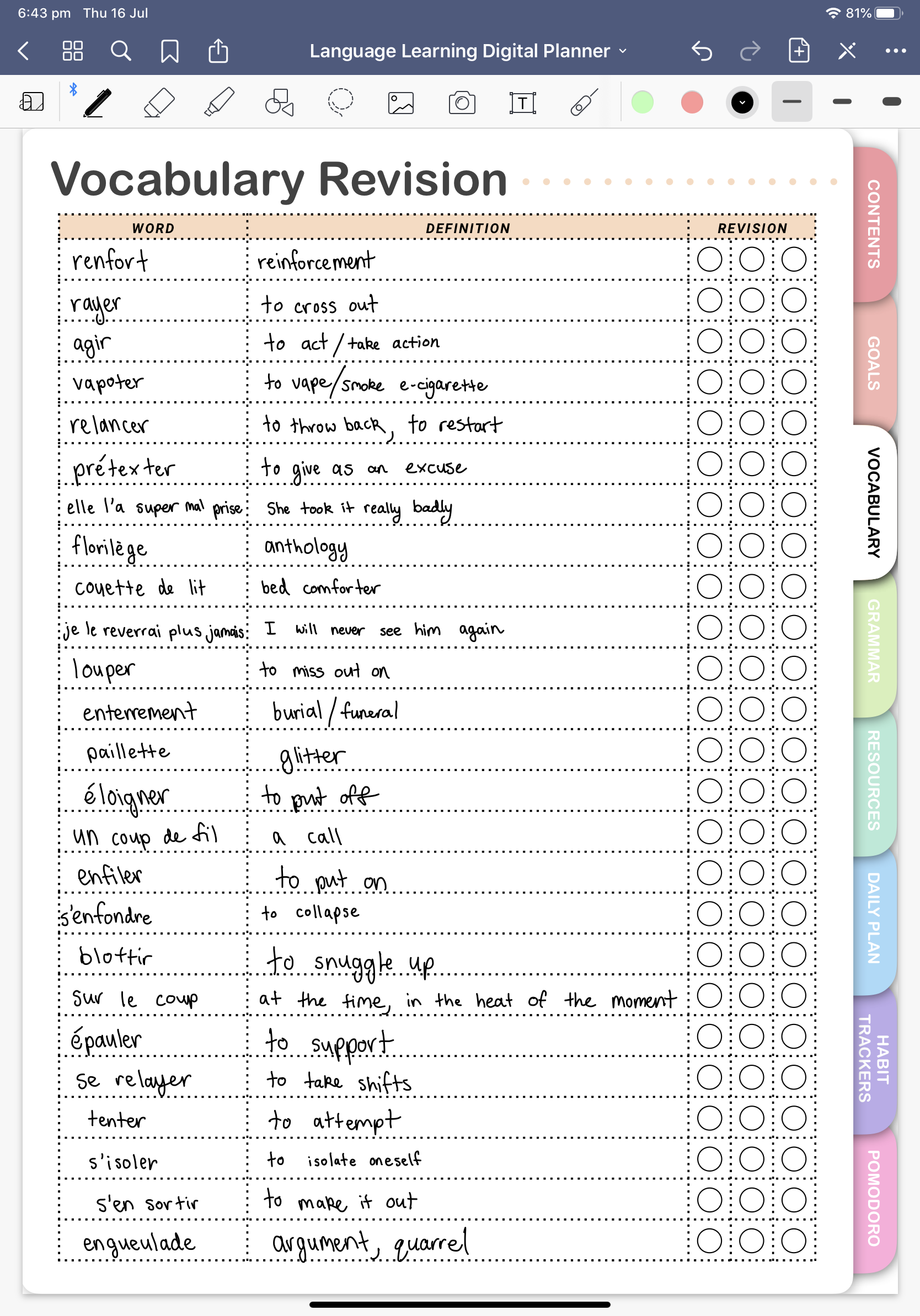 Digital language learning planner - vocabulary revision