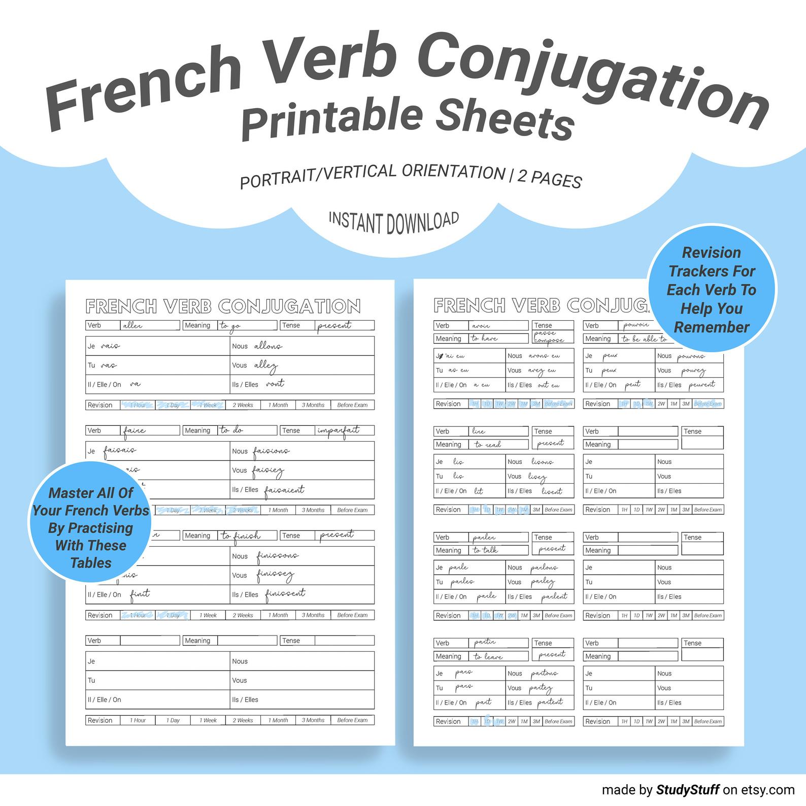 A french verb conjugation worksheet is a printable pdf document that featur...