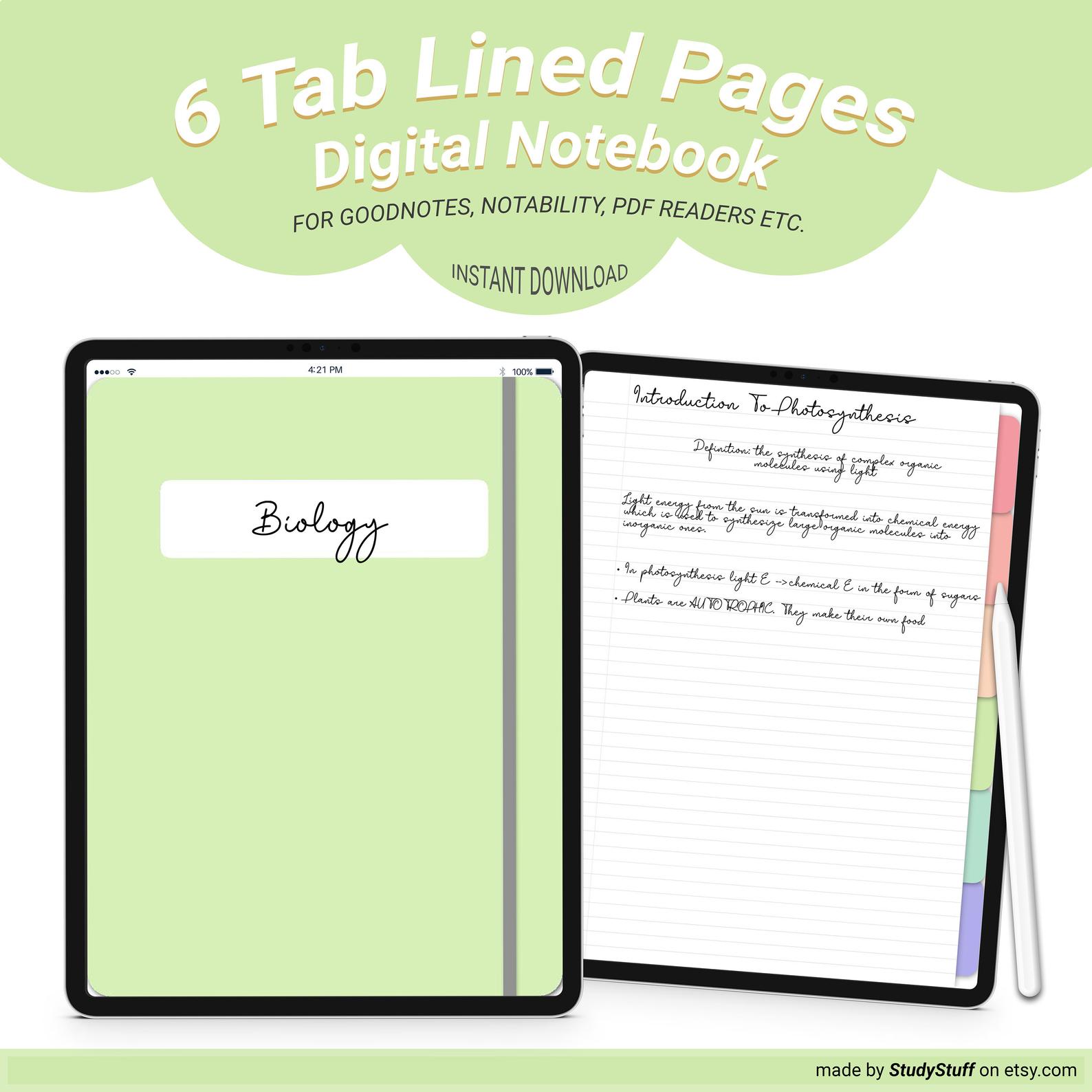 6 tab hyperlinked lined page digital notebook 