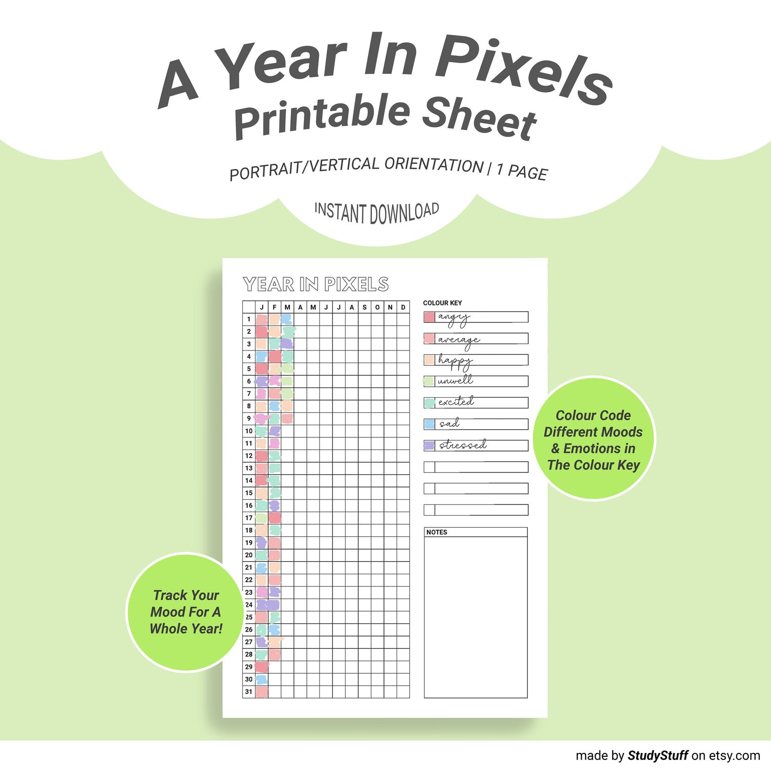 a year in pixels printable 
mood tracker 