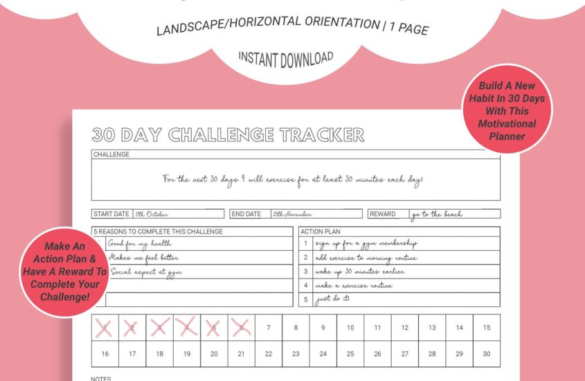 30 day challenge tracker printable template