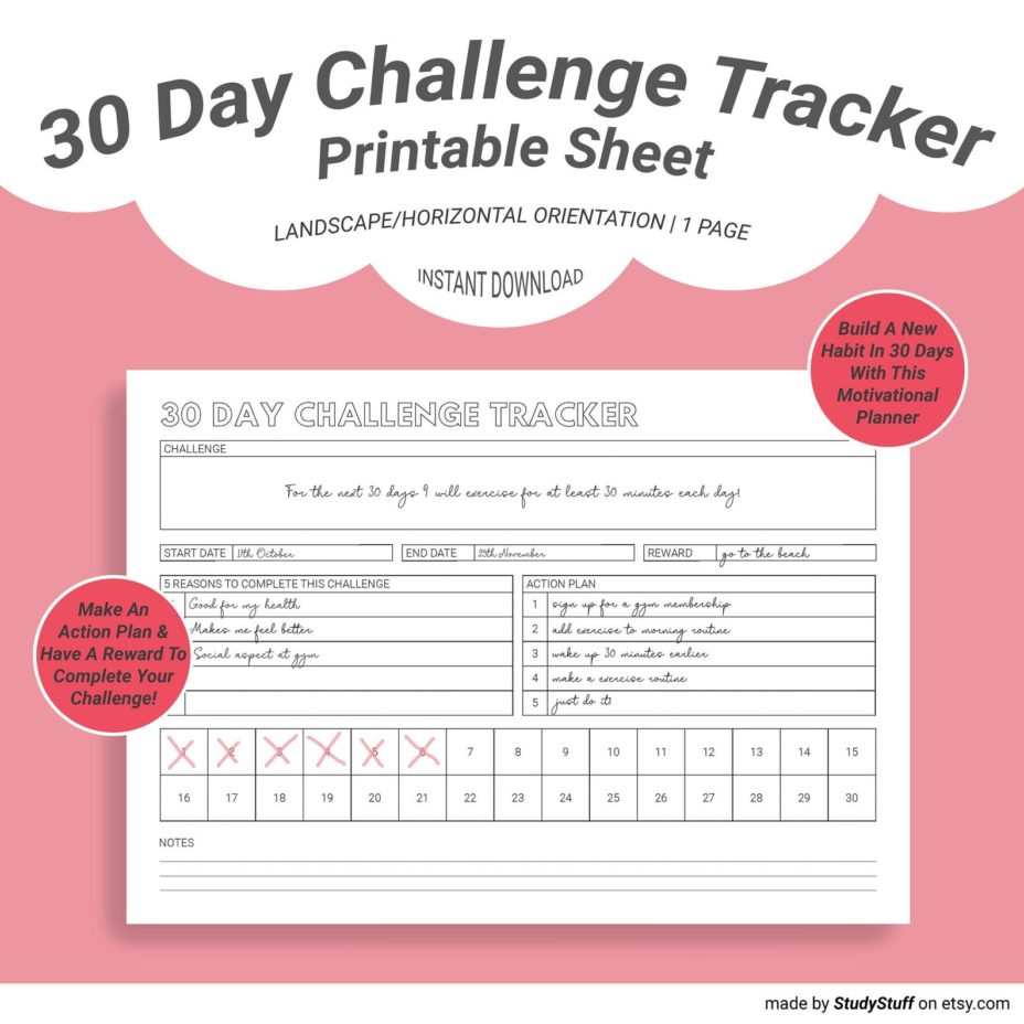 30 Day Challenge Tracker Printable Template - StudyStuff