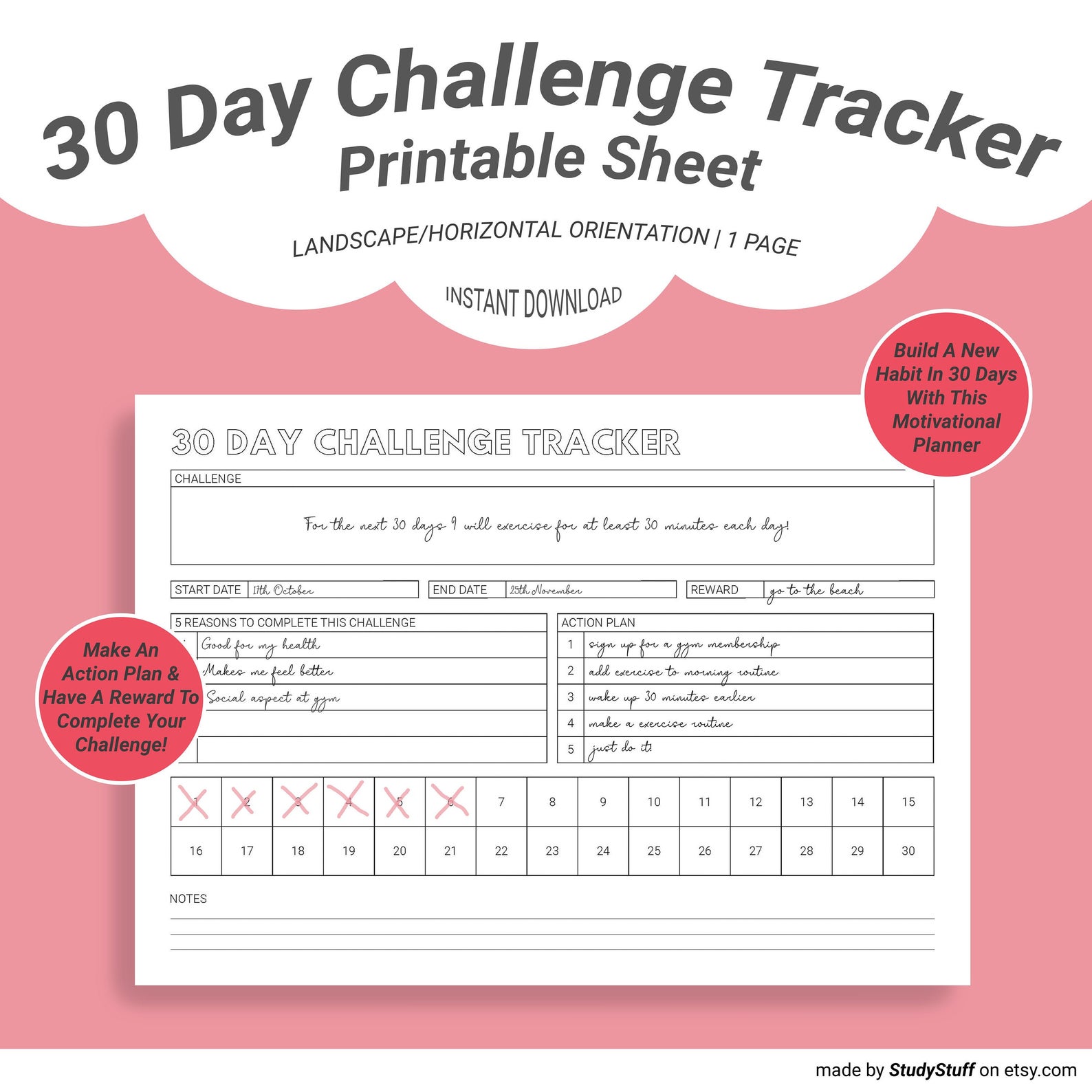 30 day challenge tracker printable template