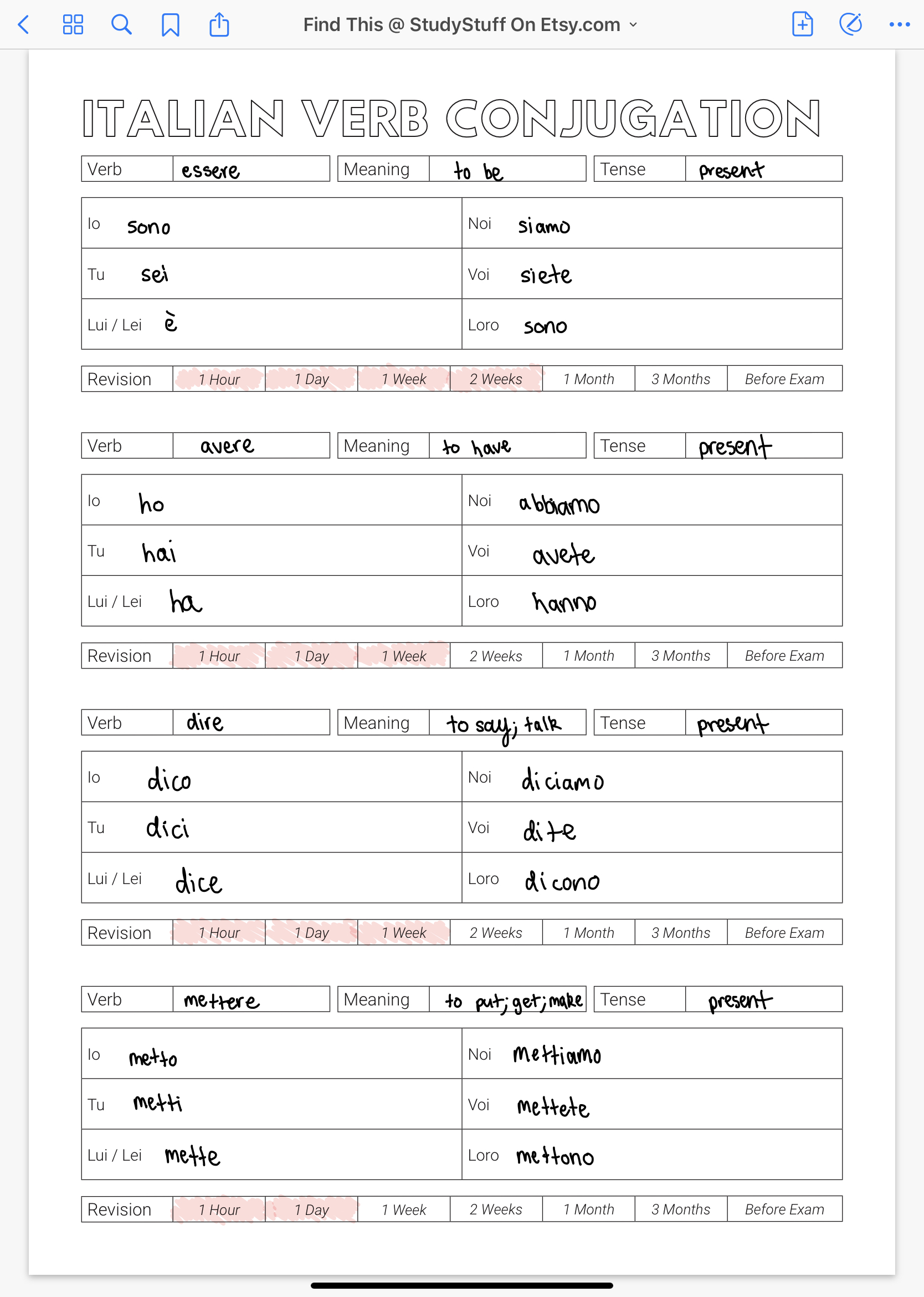 Italian Verb Are Conjugation Worksheets